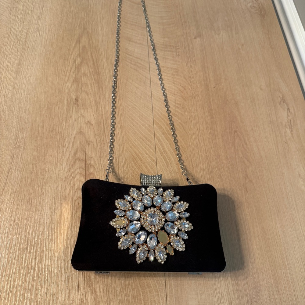 Black Velvet Rhinestone Sunburst Evening Clutch Bag Silver Chain Crossbody